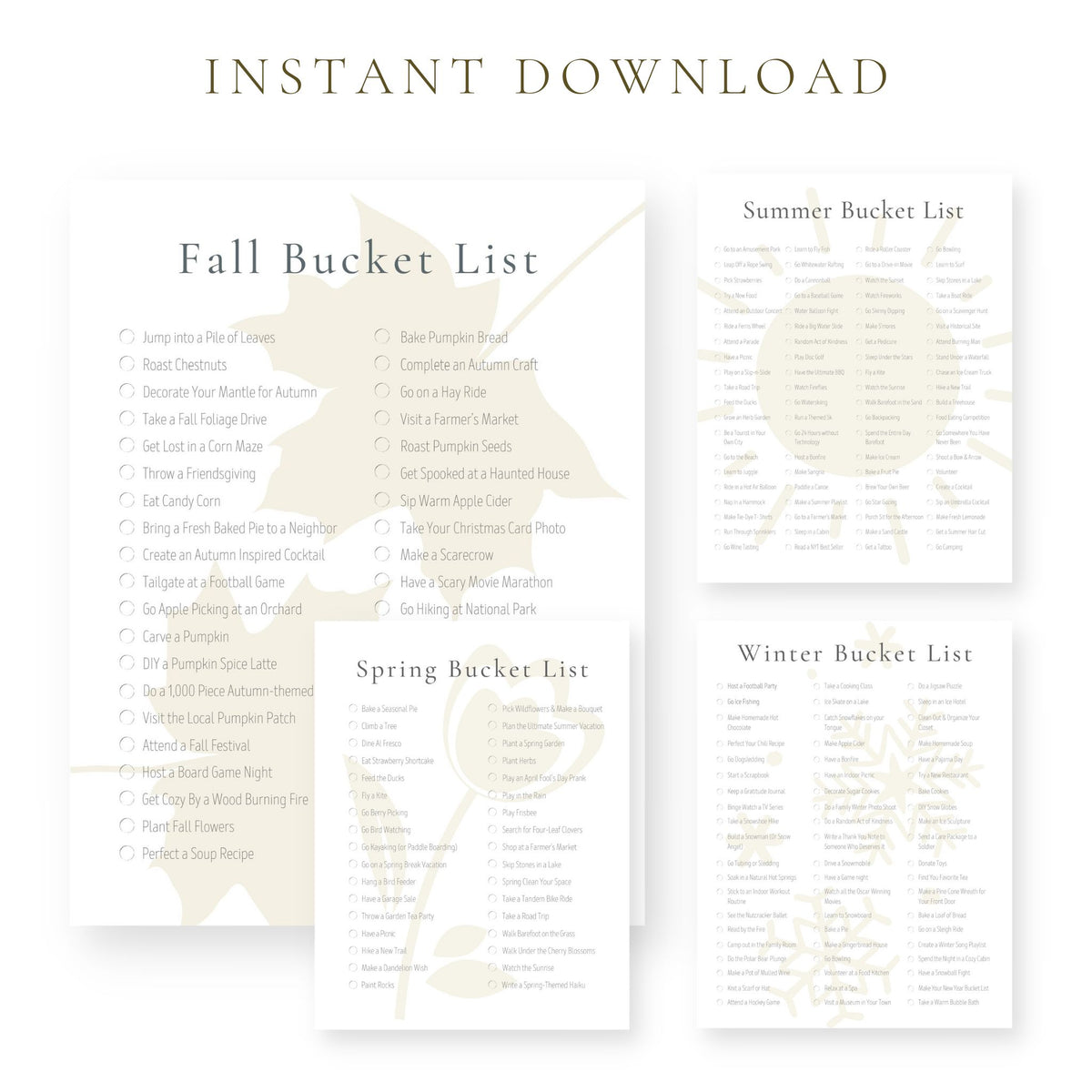 Printable Seasonal Bucket List Bundle (Blank Templates Included