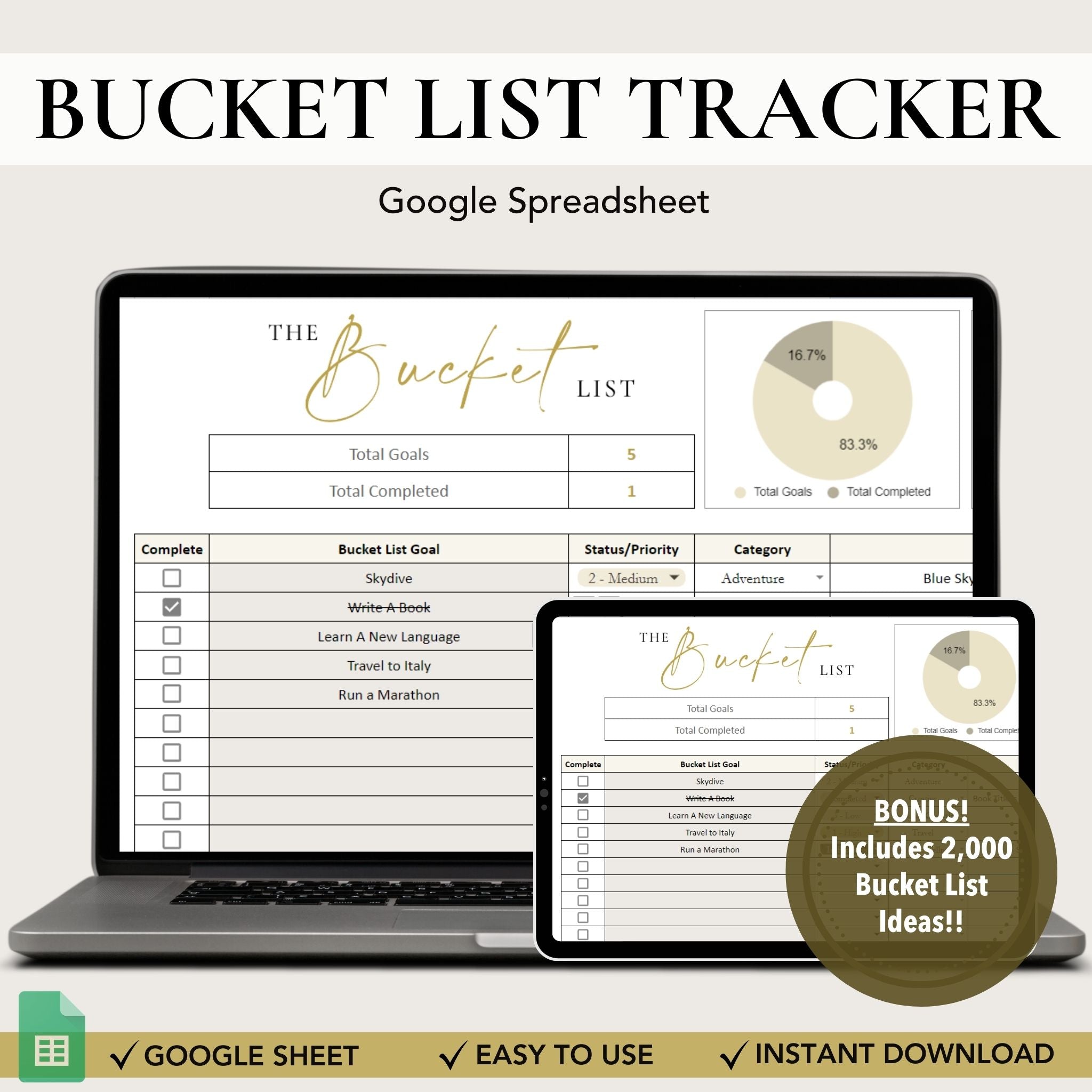 Bucket List Tracker Spreadsheet