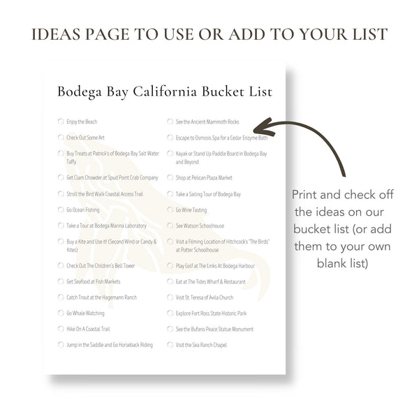 Bodega Bay California Bucket List (Printable)