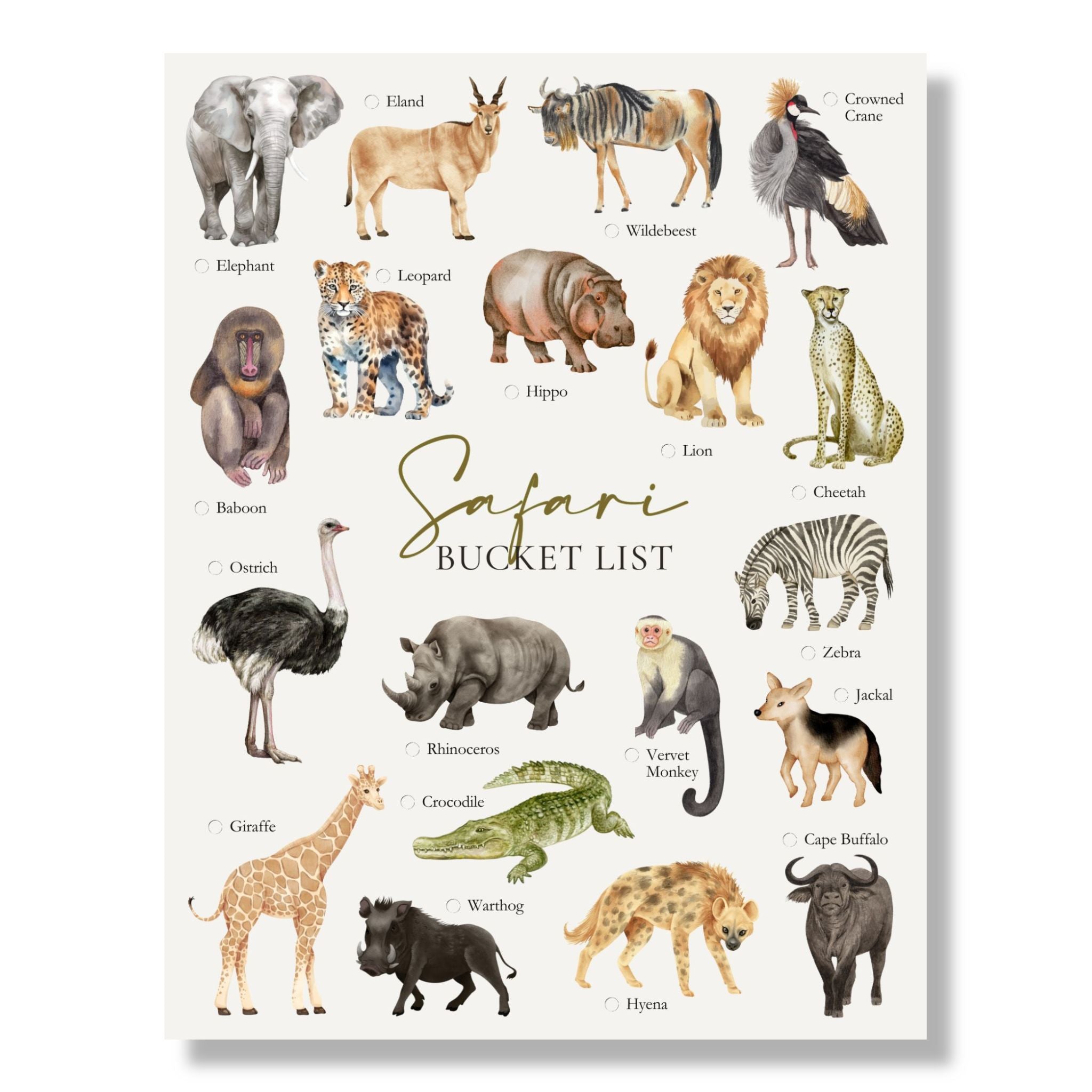 Safari Animal Bucket List (Printable)