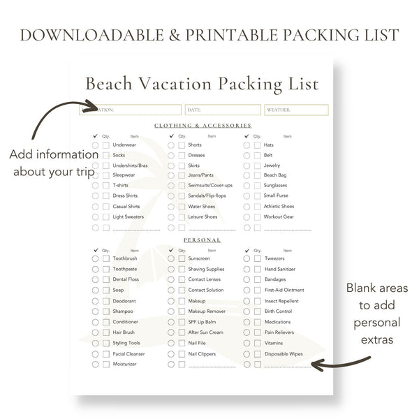 Beach Vacation Packing List (Printable)