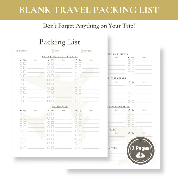 Blank Travel Packing List (Printable)